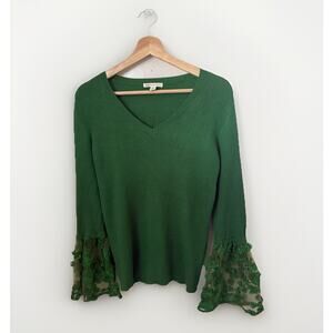 Cato Kelly Green Ribbed Knit V-Neck Trumpet Lace Cuffs Elegant Classy Sweater XL